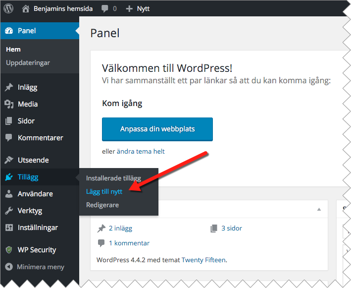 För att installera tillägg i WordPress börjar du med att logga in och välja "Tillägg" > "Lägg till nytt" i menyn till vänster.