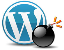 WordPress logo med en bomb som illustrerar risken att utsättas för skadlig kod på din WordPress-sajt om du inte är försiktig.