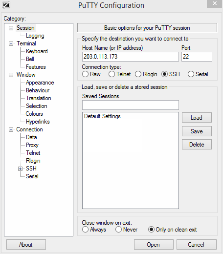 Skärmdump från en konfiguration med PuTTY för dig som ansluter till din VPS med Windows.