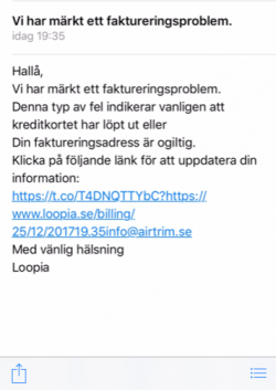 Skärmdump av ett falsk mail i Loopias namn