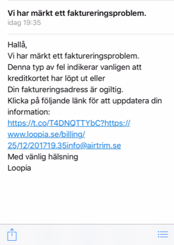 Skärmdump av ett falsk mail i Loopias namn