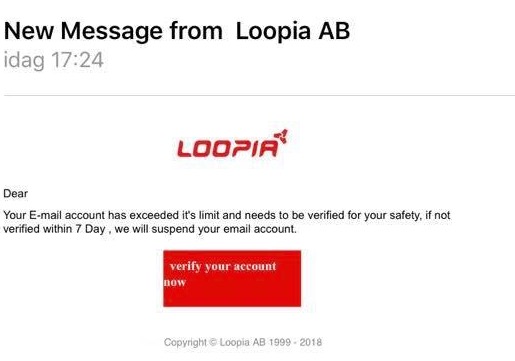 Skärmdump av phishingmail i Loopias namn