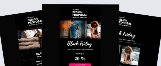 Exempel på Black Friday-teman att välja bland i Loopias nyhetsbrevsverktyg