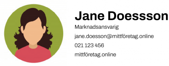 Exempel på en mail signatur med profilbild till vänster och namn, titel och kontaktuppgifter till vänster