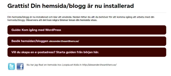 Meny med tre val efter att WordPress är installerat i Loopia Kundzon.