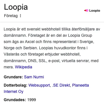 Loopias verksamhetsbeskrivning i Google.