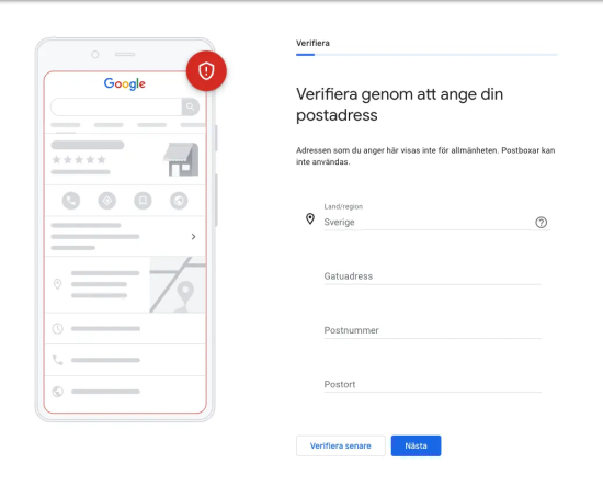 Adressformulär för verifiering i Google Business Profile.