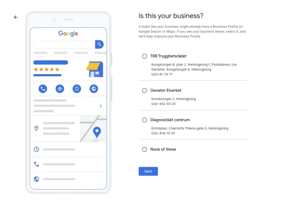 Lista med möjliga företag i Google Business Profile.