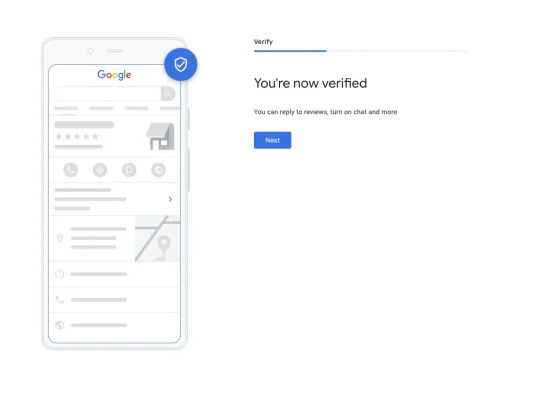 Verifieringsbekräftelse i Google Business Profile.