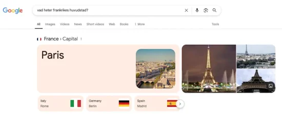 AEO-exempel på fråga om Frankrikes huvudstad i en featured snippet i Google