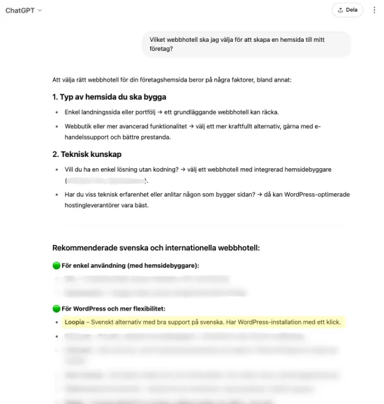 GEO-exempel på fråga och svar om webbhotell i ChatGPT