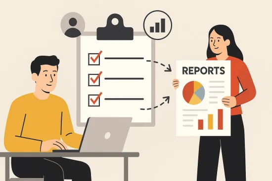 Kvinna visar skylt med rapporter för man vid laptop