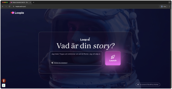 Landningssida för LoopAI där man fyller i sin story