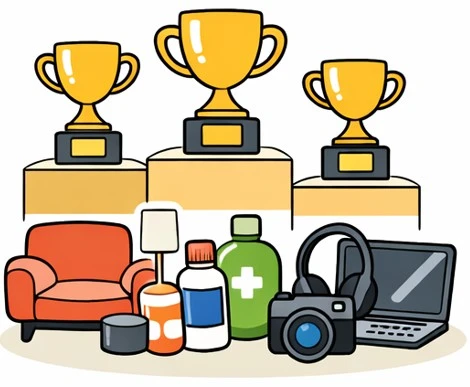 Tre pokaler med möbler, medicin och hemelektronik under