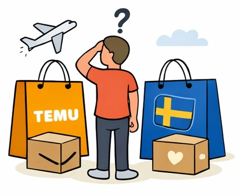 Fundersam man med Temu-paket till vänster och Sverige-paket till höger